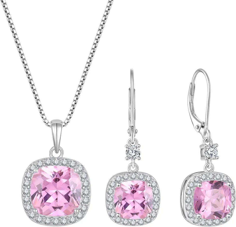 Sterling Silver Tourmaline Drop Halo Jewelry Set with Birthstone