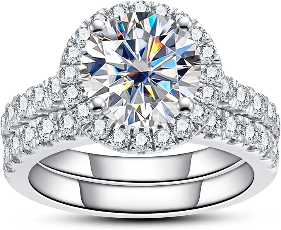 Sterling Silver Round Moissanite Halo Engagement Ring