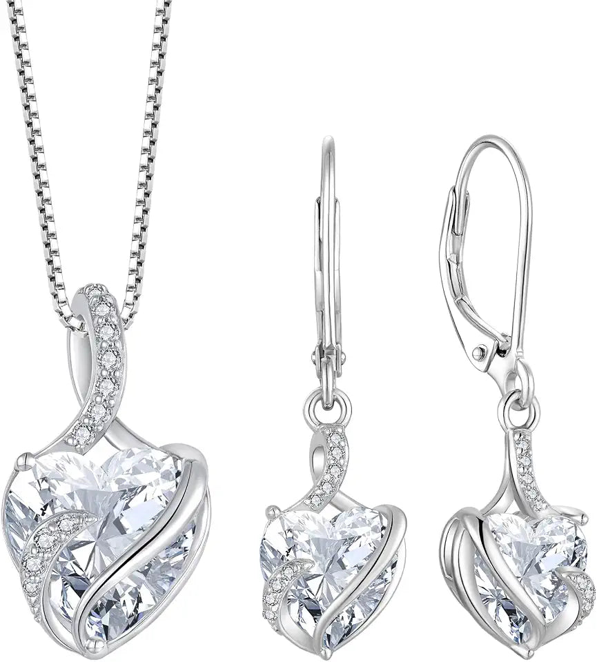 Sterling Silver Cubic Zirconia Heart Jewelry Set with Birthstone
