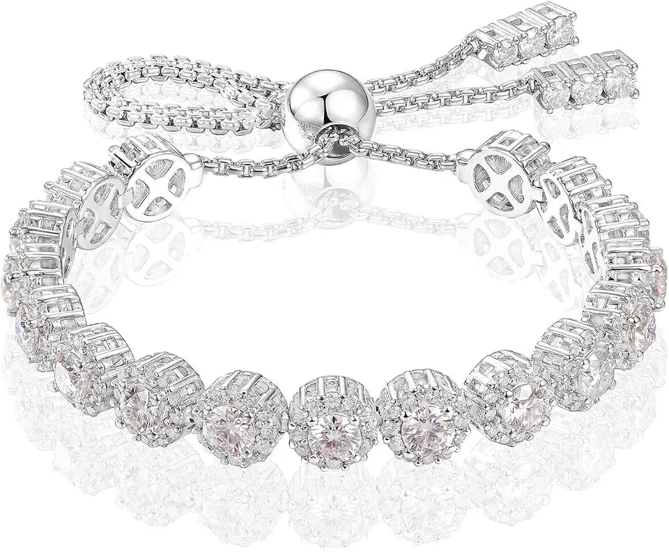 18K Gold-Plated Sterling Silver Round Moissanite Tennis Halo Bracelet