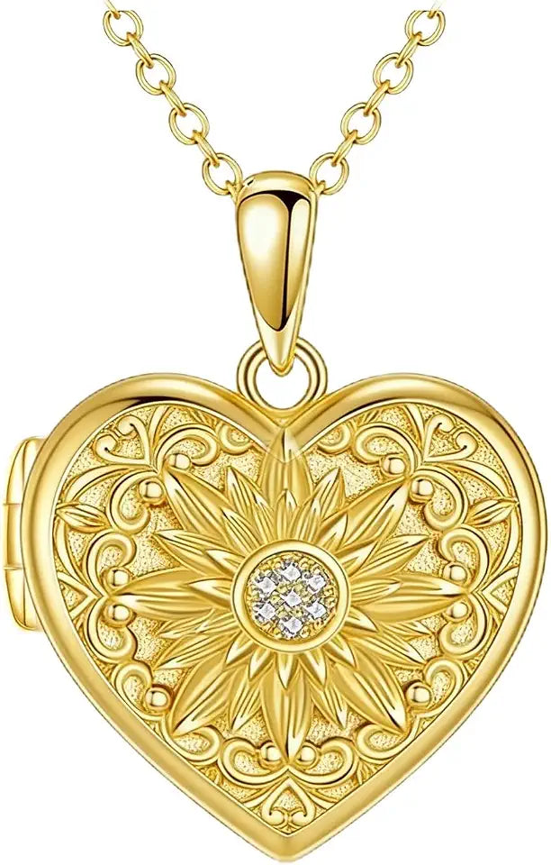 Gold-Tone Sterling Silver Locket Sunflower Necklace, 2 inch
