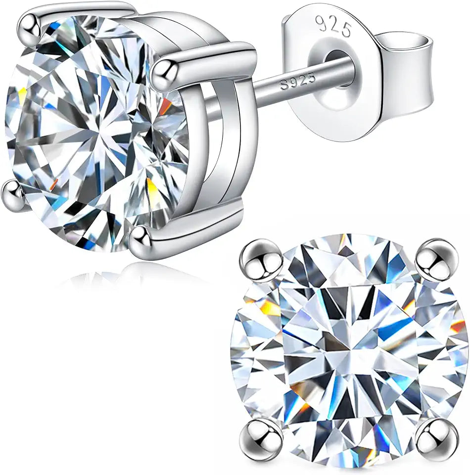 18K White Gold-Plated Sterling Silver Round Moissanite Stud Earrings