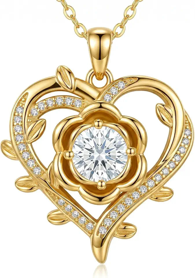 Gold-Tone Moissanite Heart Necklace with Birthstone