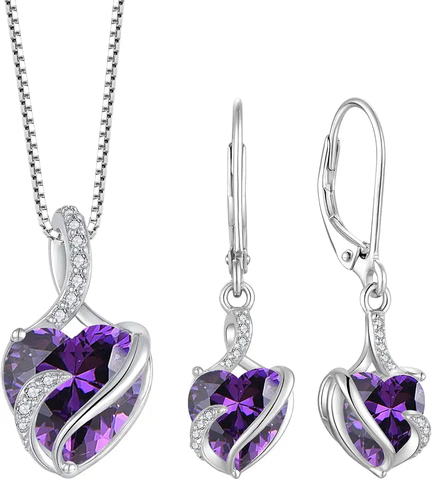 Sterling Silver Amethyst Heart Jewelry Set with Birthstone