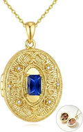 Gold-Tone Sterling Silver Oval Birthstone Locket Floral Necklace