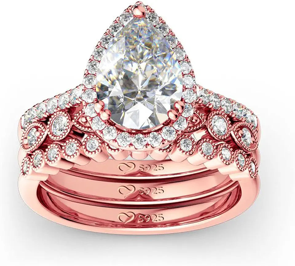 Gold-Tone Sterling Silver Pear-Cut Halo Wedding Band Jewelry Set