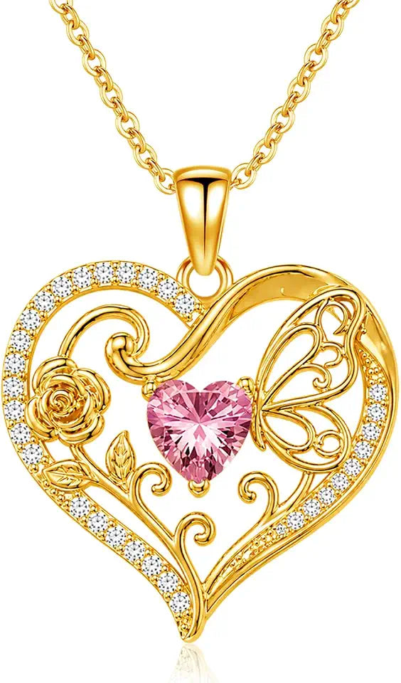 Gold-Tone Birthstone Heart Butterfly Necklace