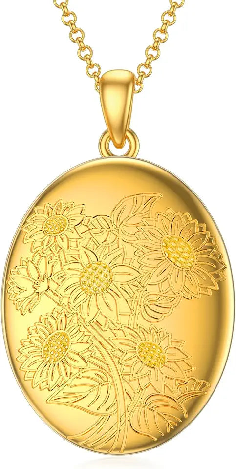 Gold-Tone Oval Locket Sunflower Necklace