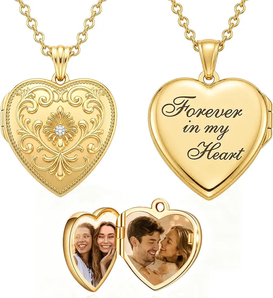 Gold-Tone Round Locket Heart Necklace