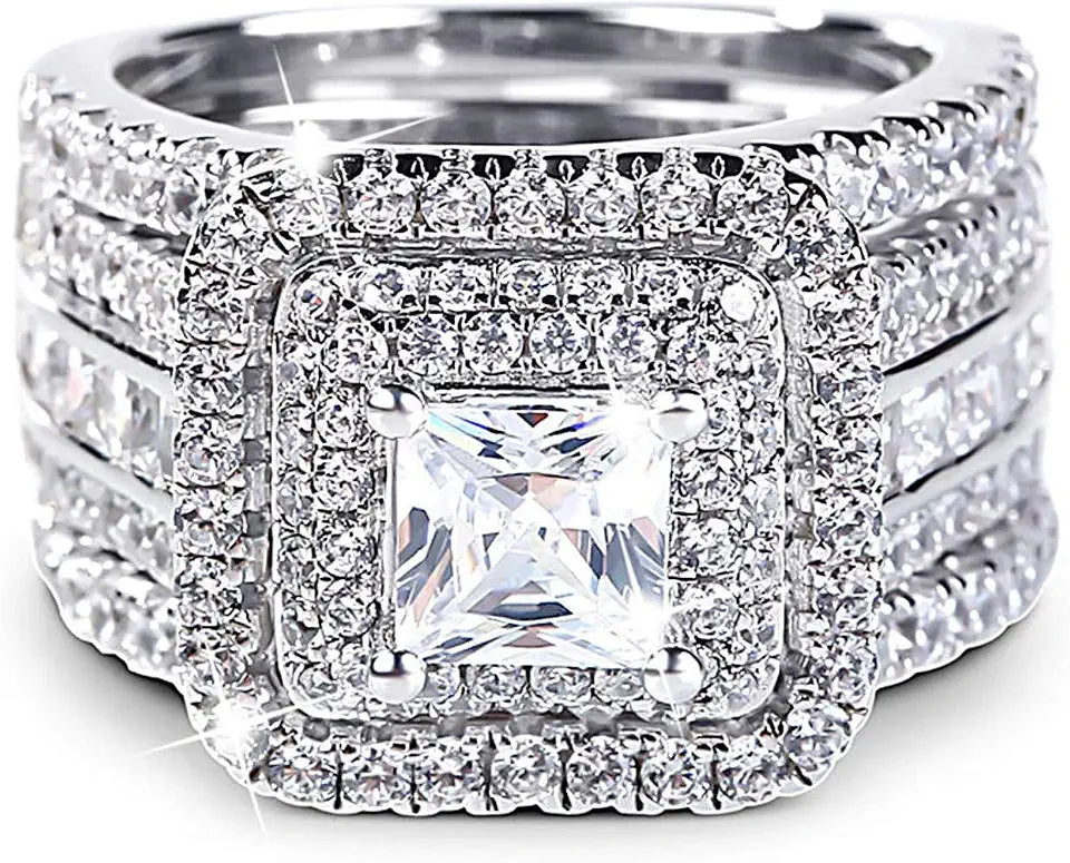 Sterling Silver Cubic Zirconia Halo Solitaire Jewelry Set