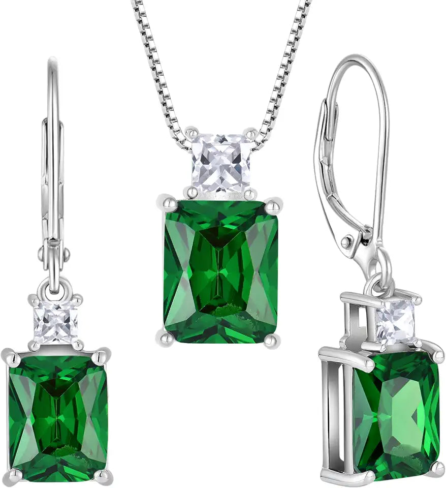 Sterling Silver Emerald-Cut Created Emerald Jewelry Set with Birthstone