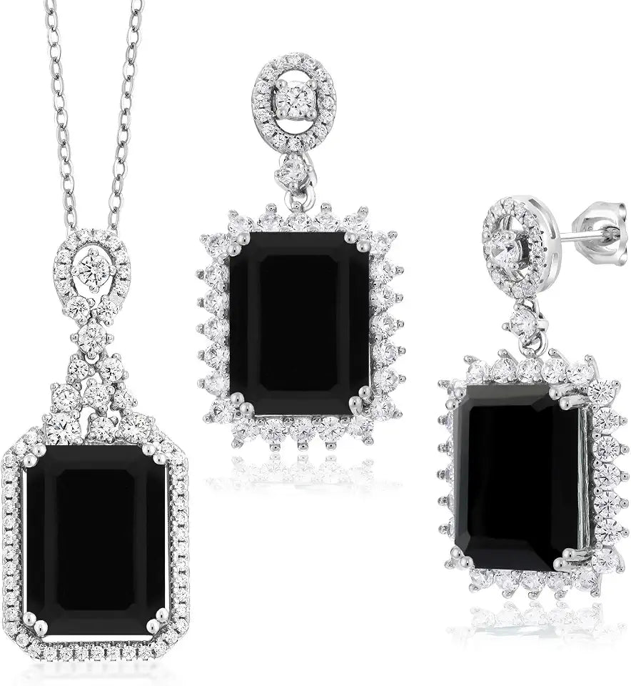 Sterling Silver Emerald-Cut Onyx Jewelry Set with Birthstone