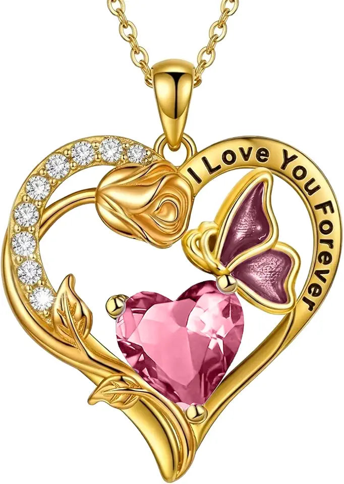 Gold-Tone Birthstone Heart Butterfly Necklace