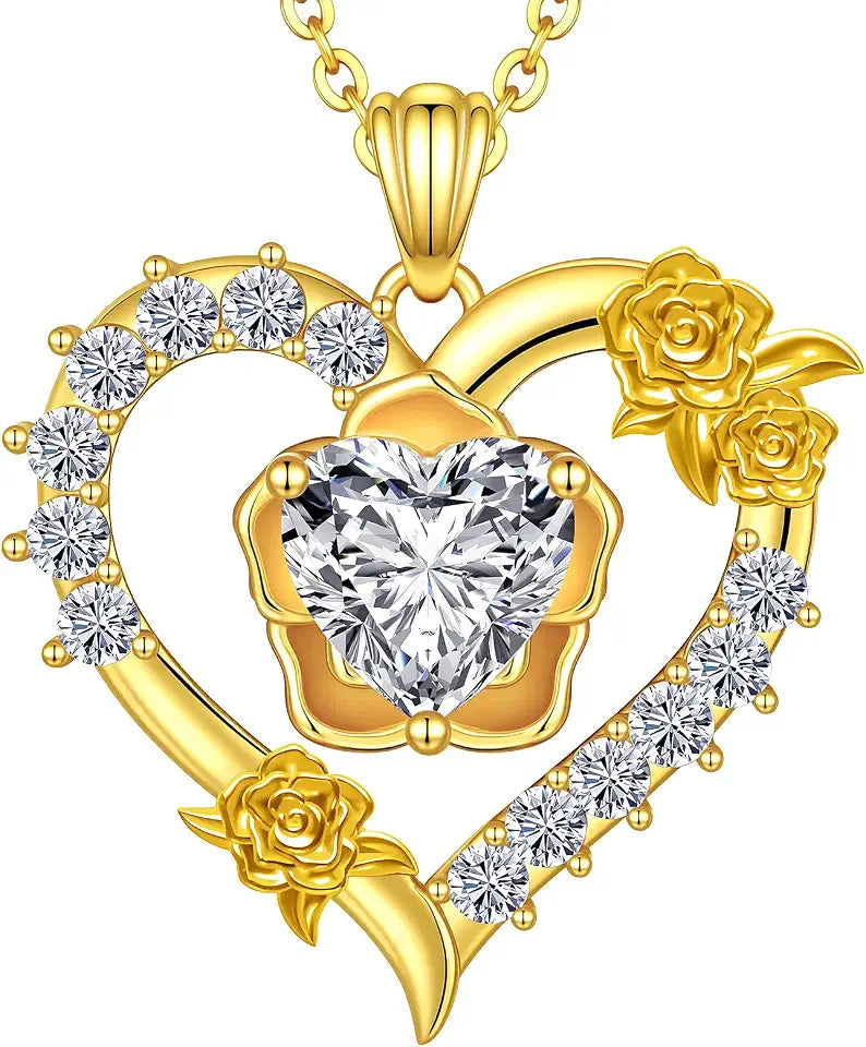 Gold-Tone Sterling Silver Moissanite Heart Floral Necklace