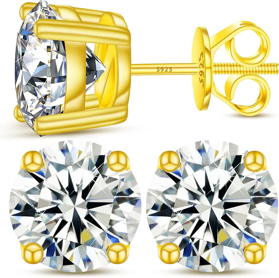 Yellow Gold-Plated Sterling Silver Round Moissanite Stud Earrings