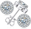 18K White Gold-Plated Sterling Silver Round Moissanite Stud Halo Earrings