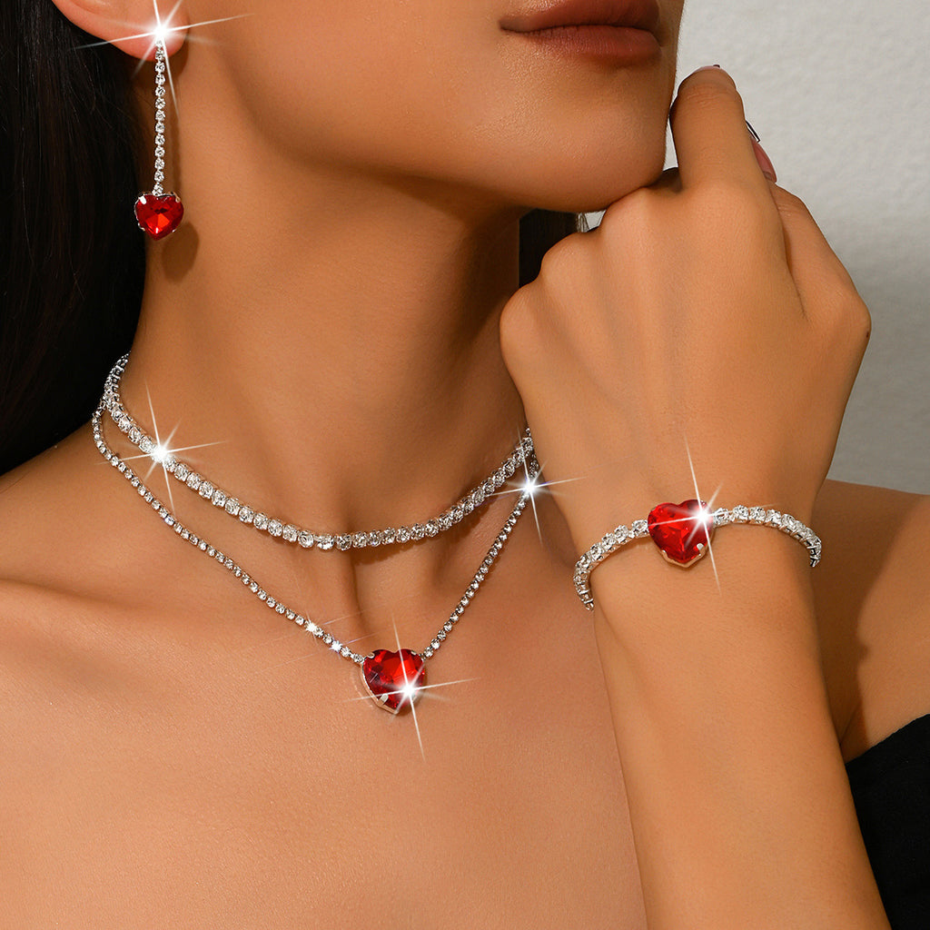 Heart Rhinestone Jewelry Set for Women, Double-Layer Claw Chain — alternate angle