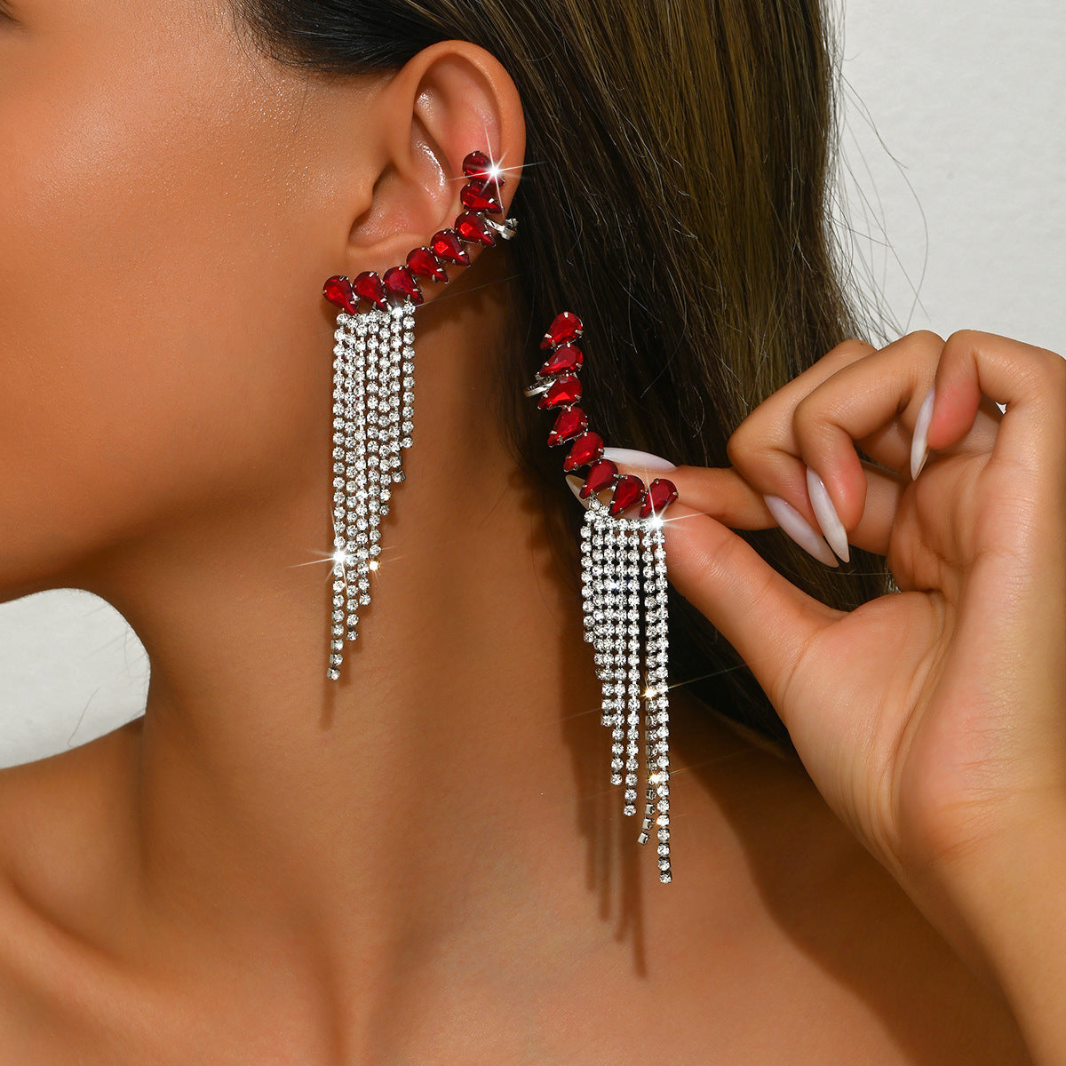 Rhinestone Tassel Drop Earrings for Women – Long Fringe Statement Design