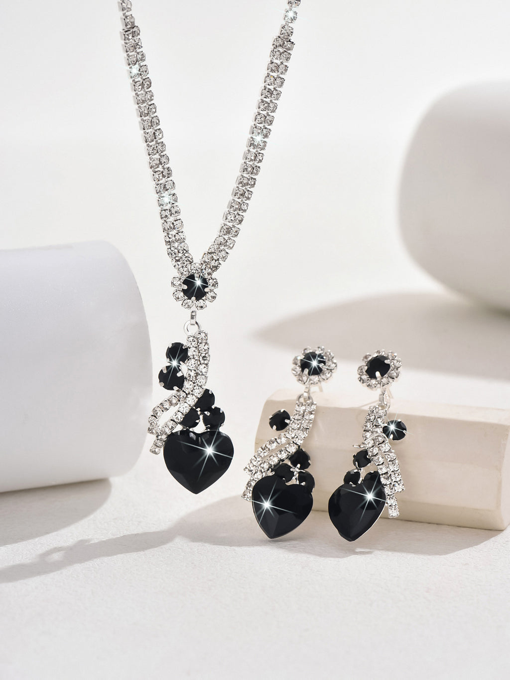 Crystal Heart Necklace and Earrings Set in Royal Blue, Green — scale reference