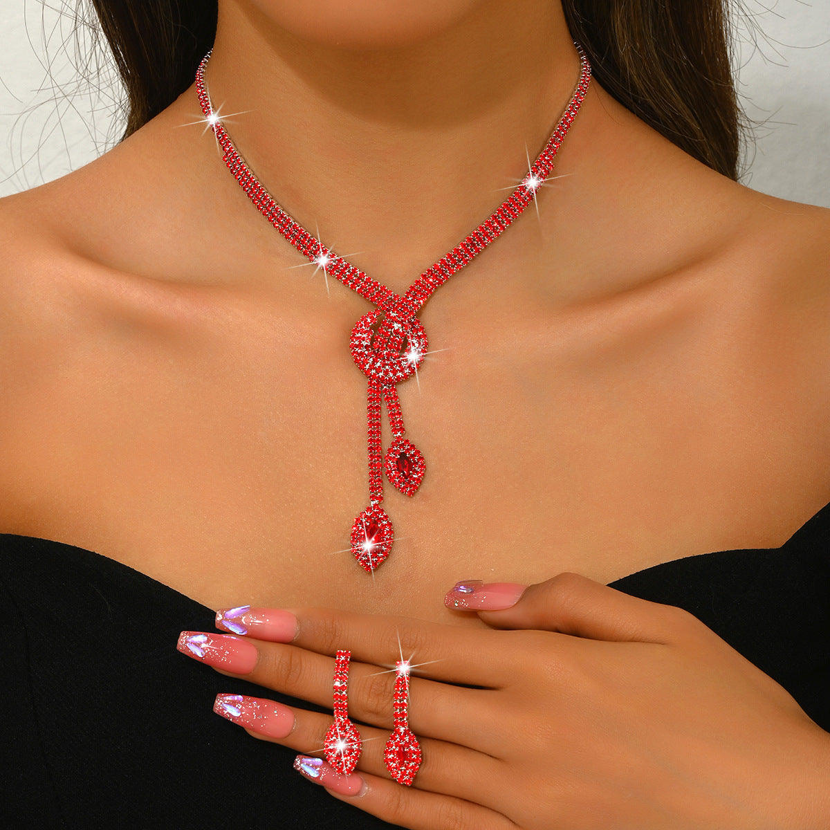 Geometric Teardrop Zircon Necklace and Earrings Set for Women