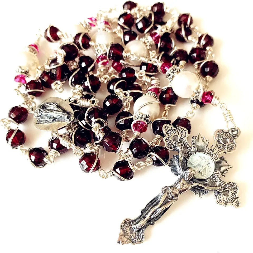 Sterling Silver Garnet Cross Necklace, 10mm