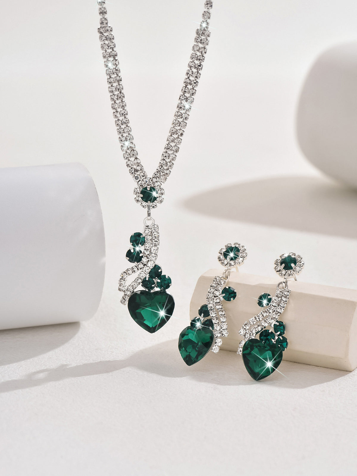 Crystal Heart Necklace and Earrings Set in Royal Blue, Green, Black or Red — Clavicle Chain for Women