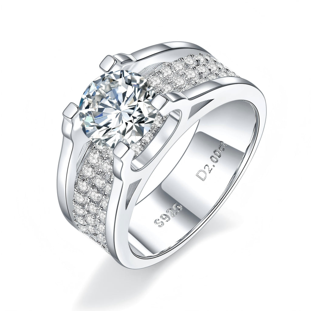 Sterling silver wide band moissanite ring, 2 ct, angled view