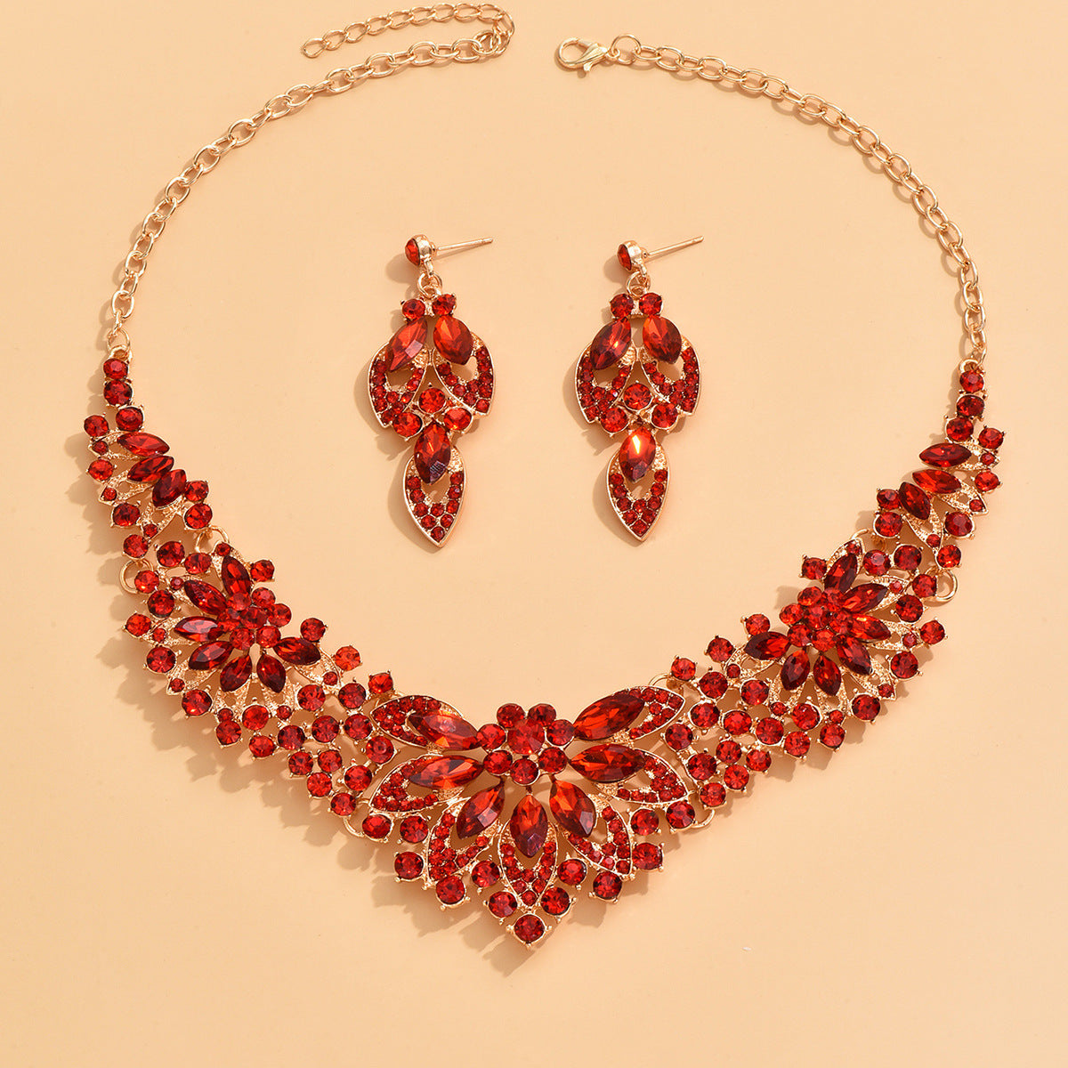 Stone-Set Flower Necklace and Earrings Bridal Set – Statement Wedding Jewelry