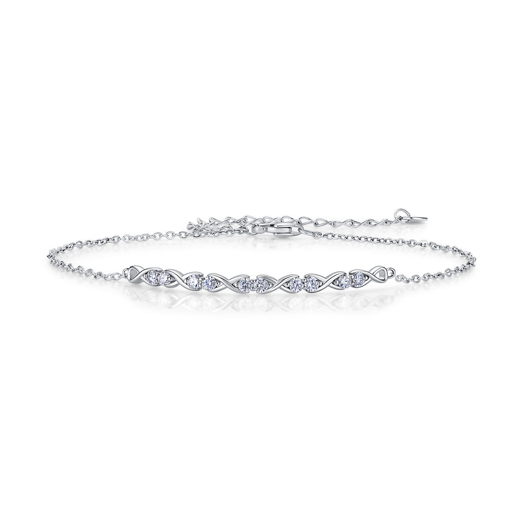 Sterling silver infinity bracelet with moissanite, flat view