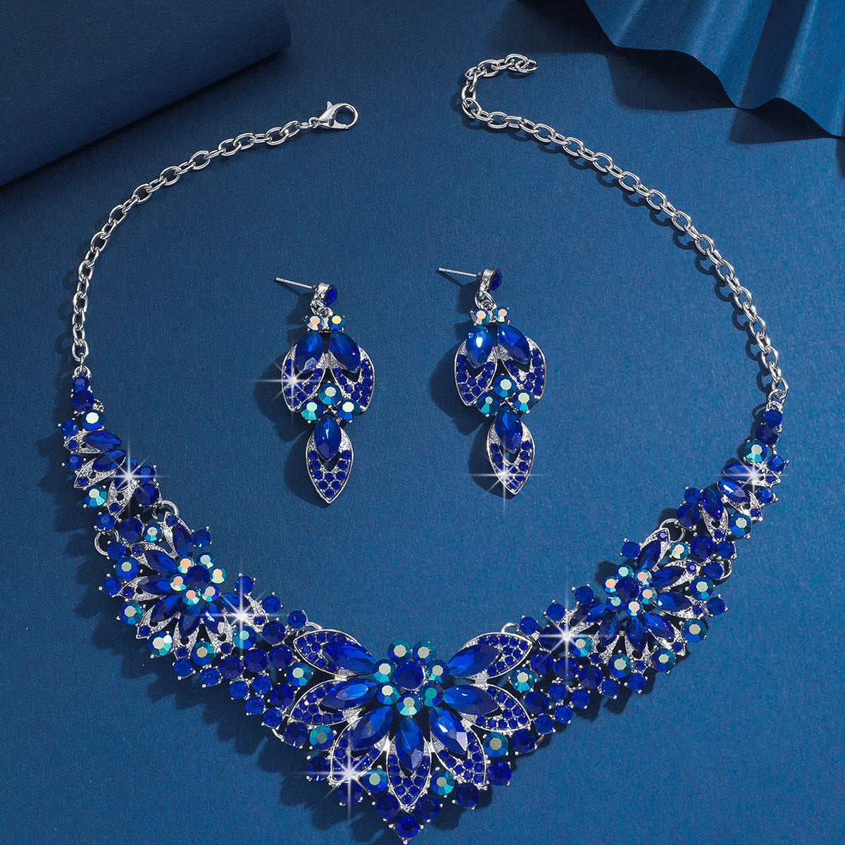 Bridal Necklace and Earrings Set in Eleven Stone Colors — Rhinestone Wedding Jewelry for Women