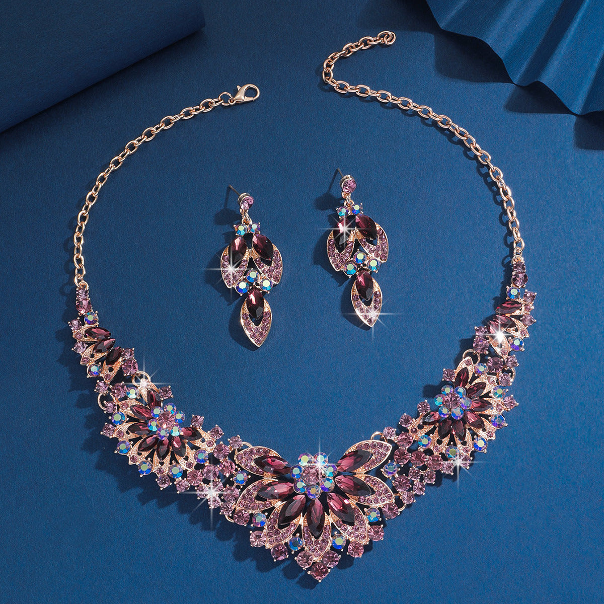 Bridal Necklace and Earrings Set in Eleven Stone Colors — Rhinestone Wedding Jewelry for Women