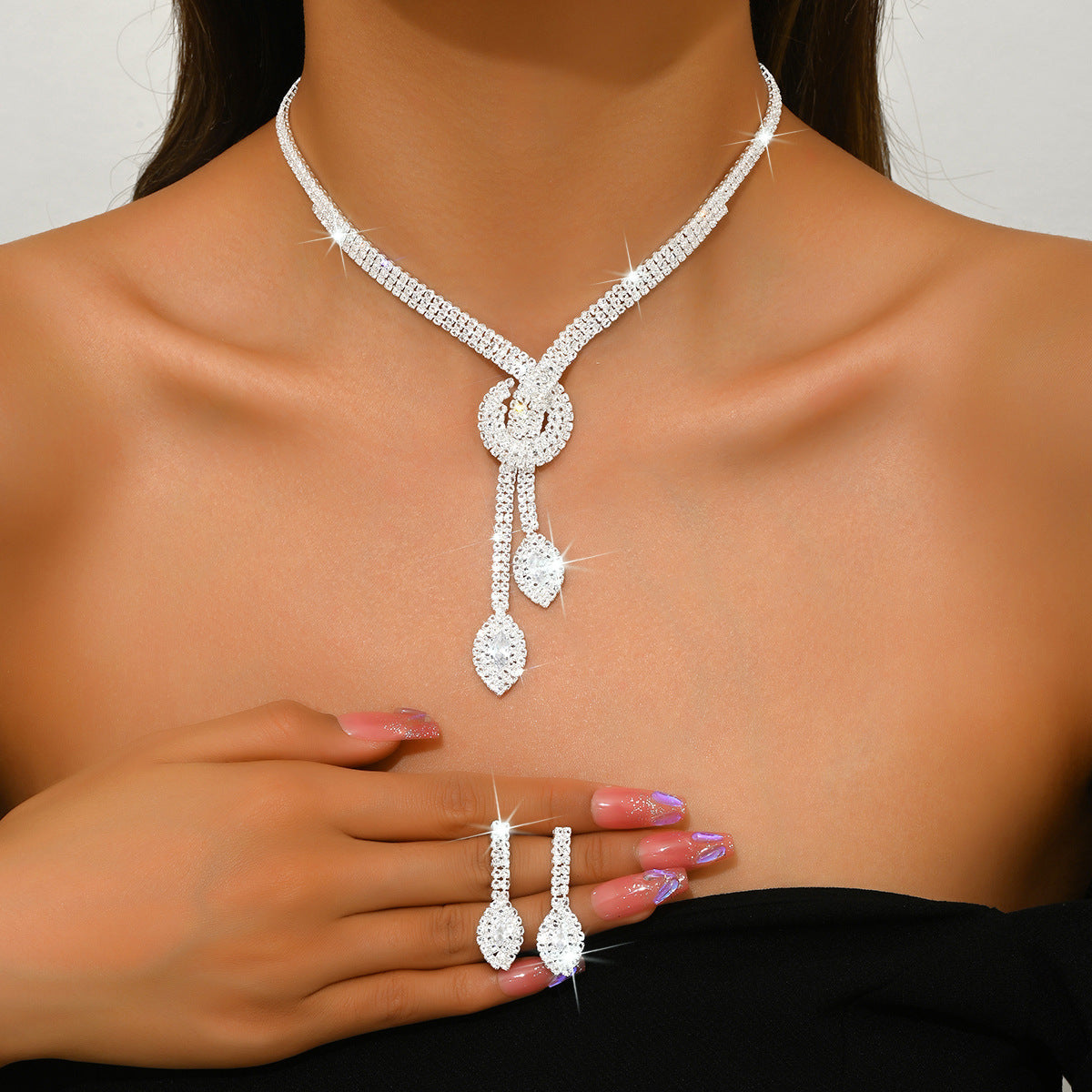 Geometric Teardrop Zircon Necklace and Earrings Set for Women