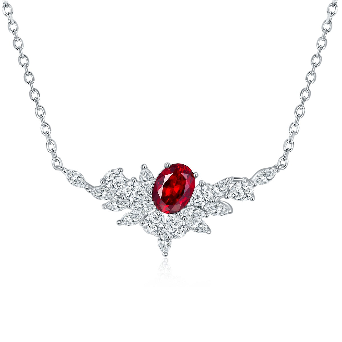 Sterling silver necklace with oval lab-grown ruby and marquise stones