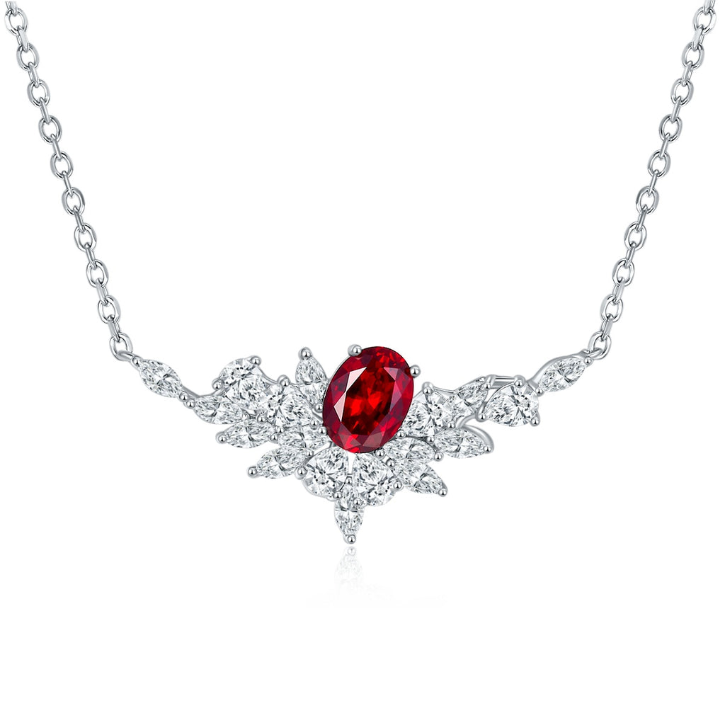 Sterling Silver Lab-Grown Ruby or Sapphire Necklace, 8x6mm Oval with Marquise Cluster — detail close-up