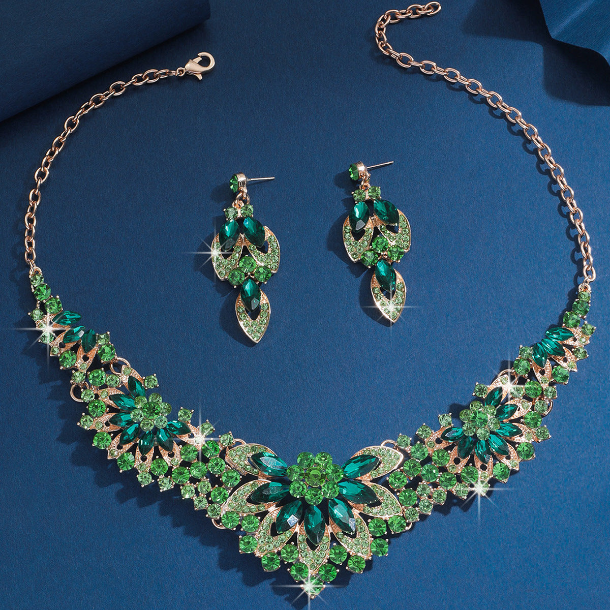 Bridal Necklace and Earrings Set in Eleven Stone Colors — Rhinestone Wedding Jewelry for Women