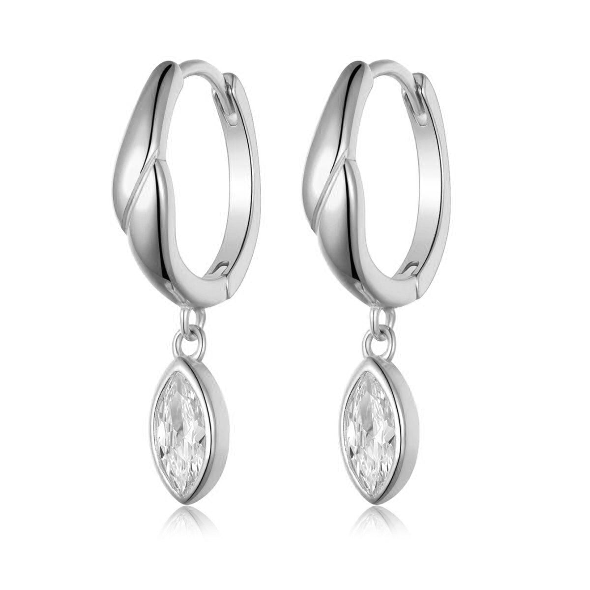 Silver-tone twist huggie earrings with marquise moissanite drops