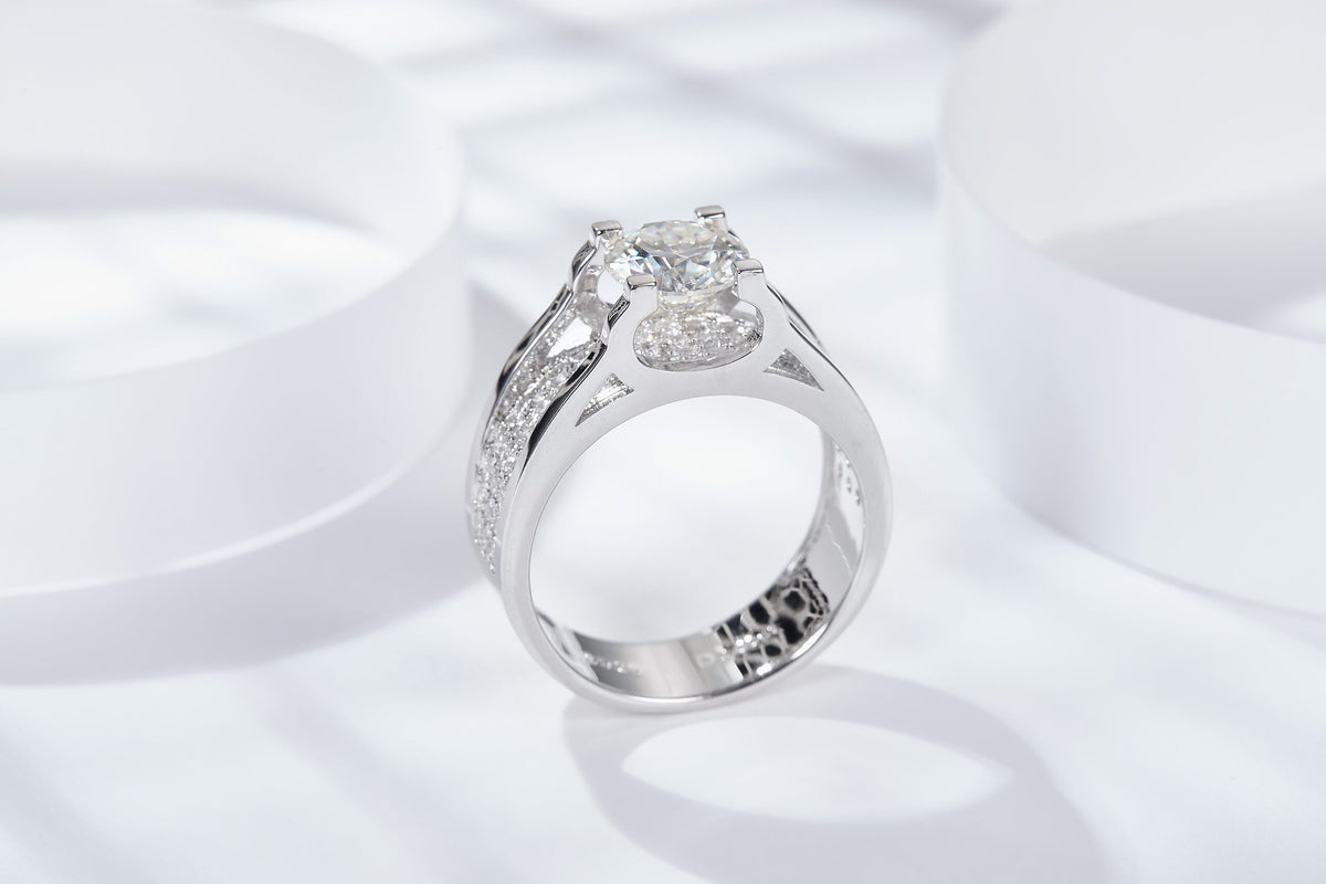 Sterling Silver Wide Band Moissanite Ring, 1ct or 2ct Stone — front view