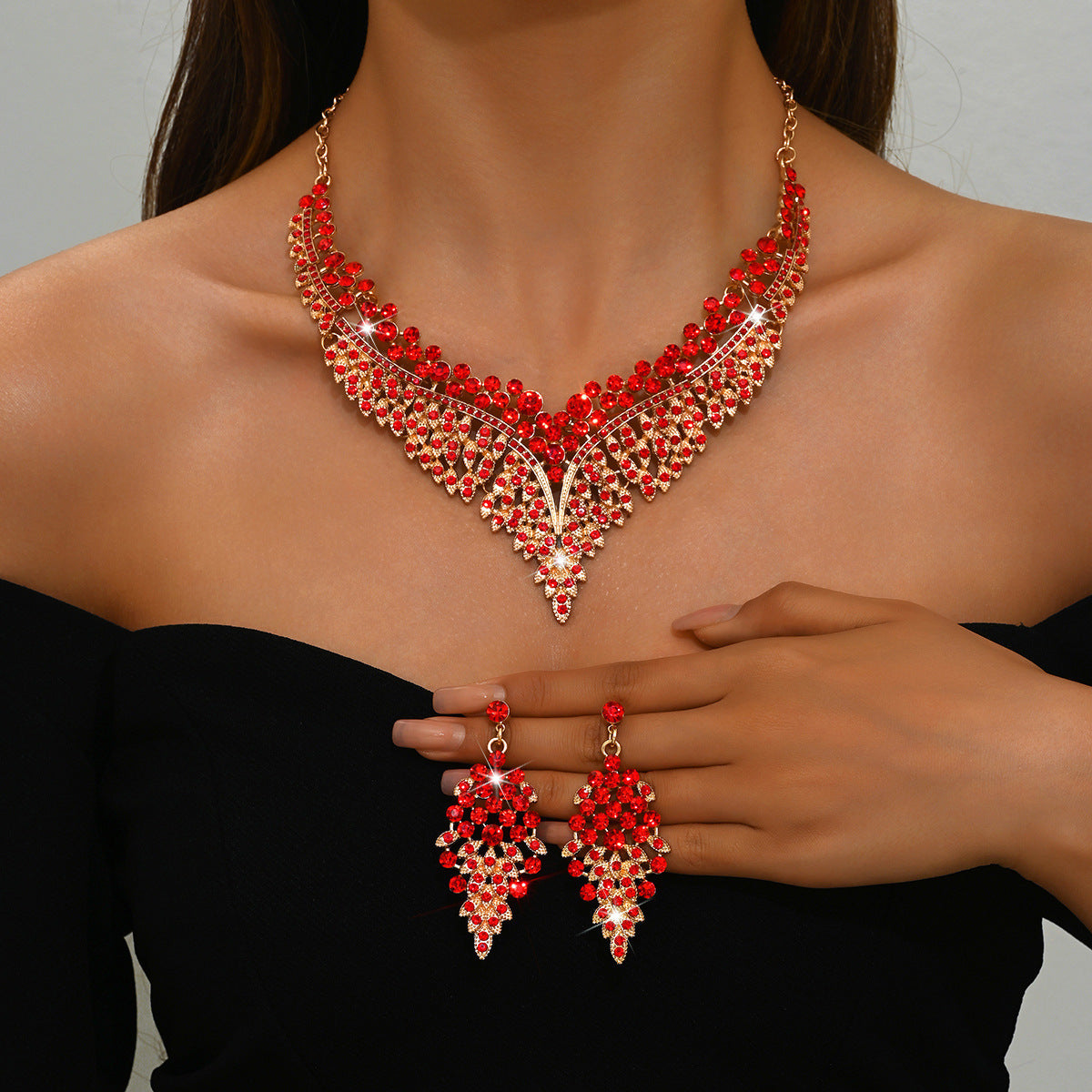 Stone-Set Flower Necklace and Earrings Bridal Set – Statement Wedding Jewelry