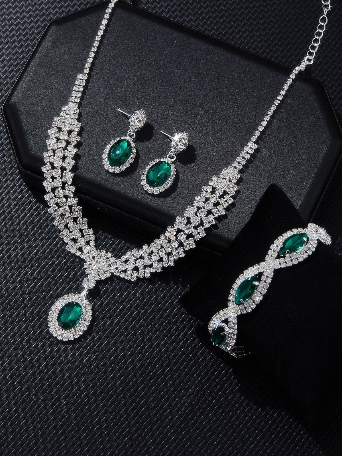 Colored Stone Necklace Jewelry Set for Women, 4-Piece Set in Black, Blue, Red or Green