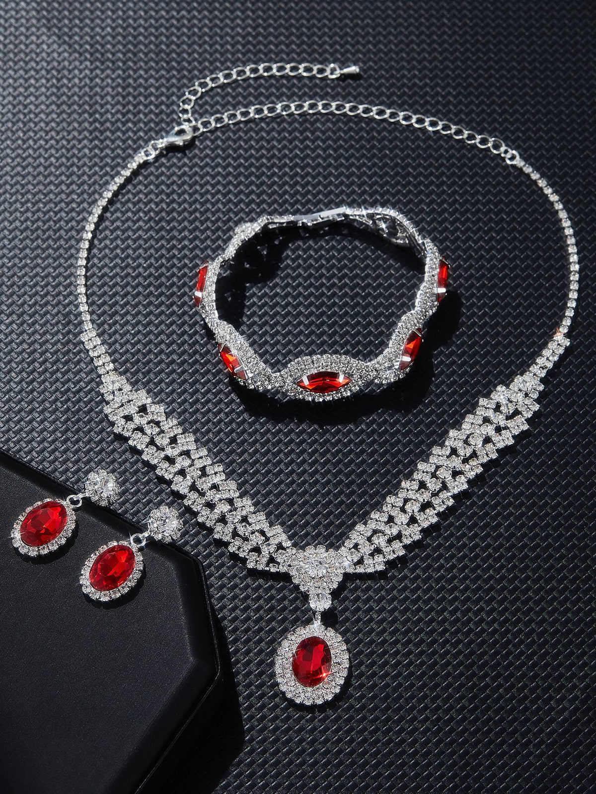 Colored Stone Necklace Jewelry Set for Women, 4-Piece Set in Black — scale reference