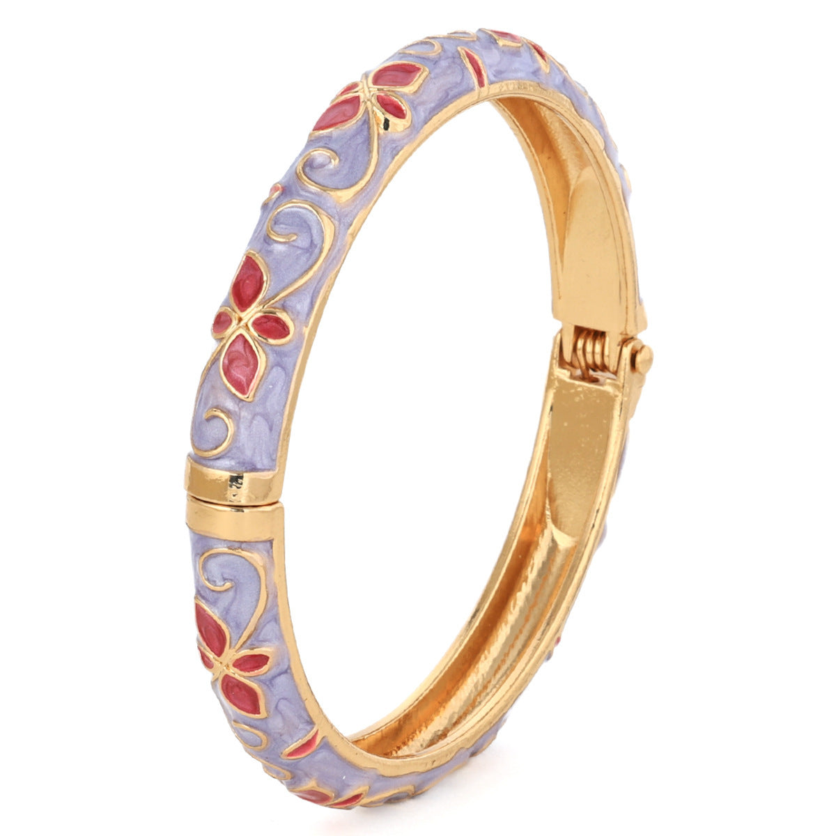 Purple enamel floral hinged bangle, side view