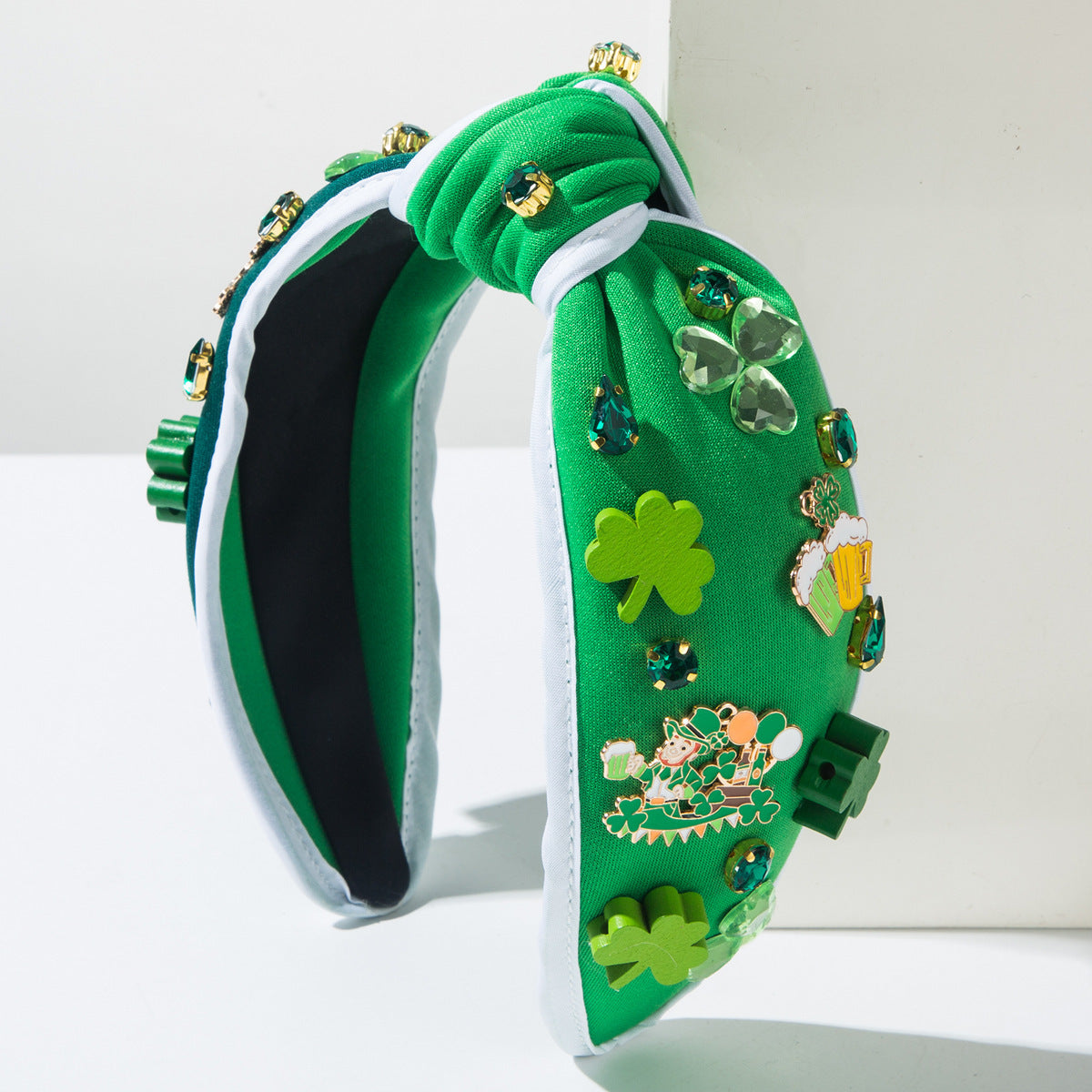 Green knotted headband with shamrock charms and beer stein rhinestones