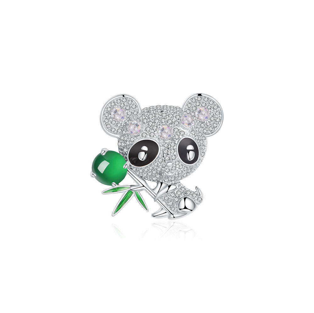 Sterling silver panda brooch with green chalcedony and pave stones