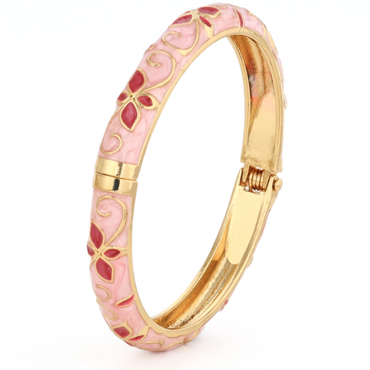 Pink enamel floral hinged bangle, side view