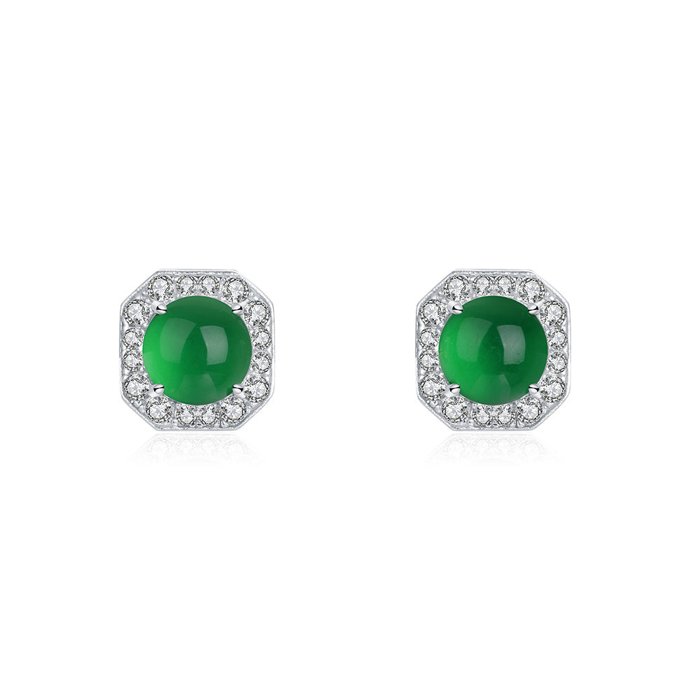 Sterling silver octagon halo stud earrings with green chrysoprase
