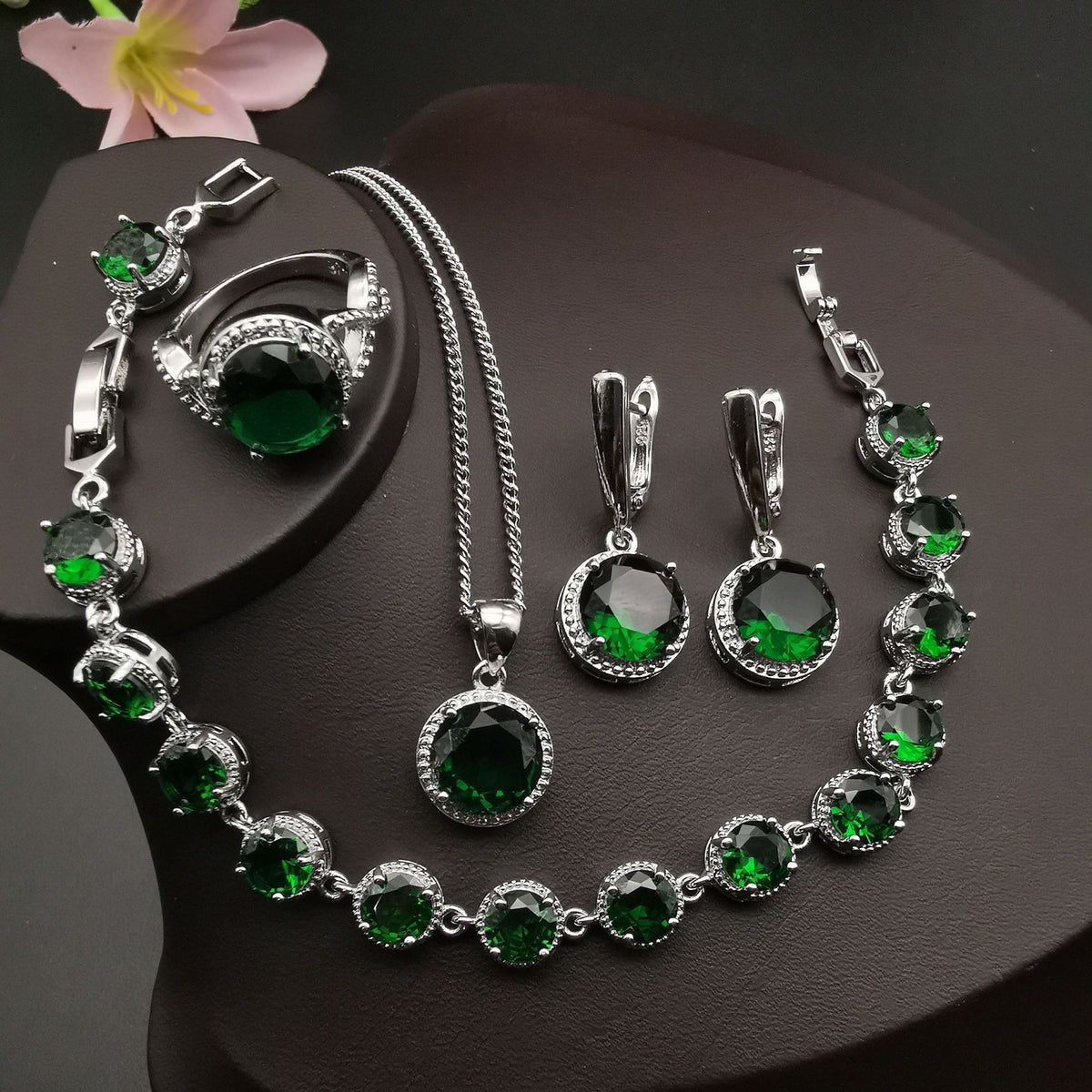 Green round stone four-piece jewelry set, alternate view