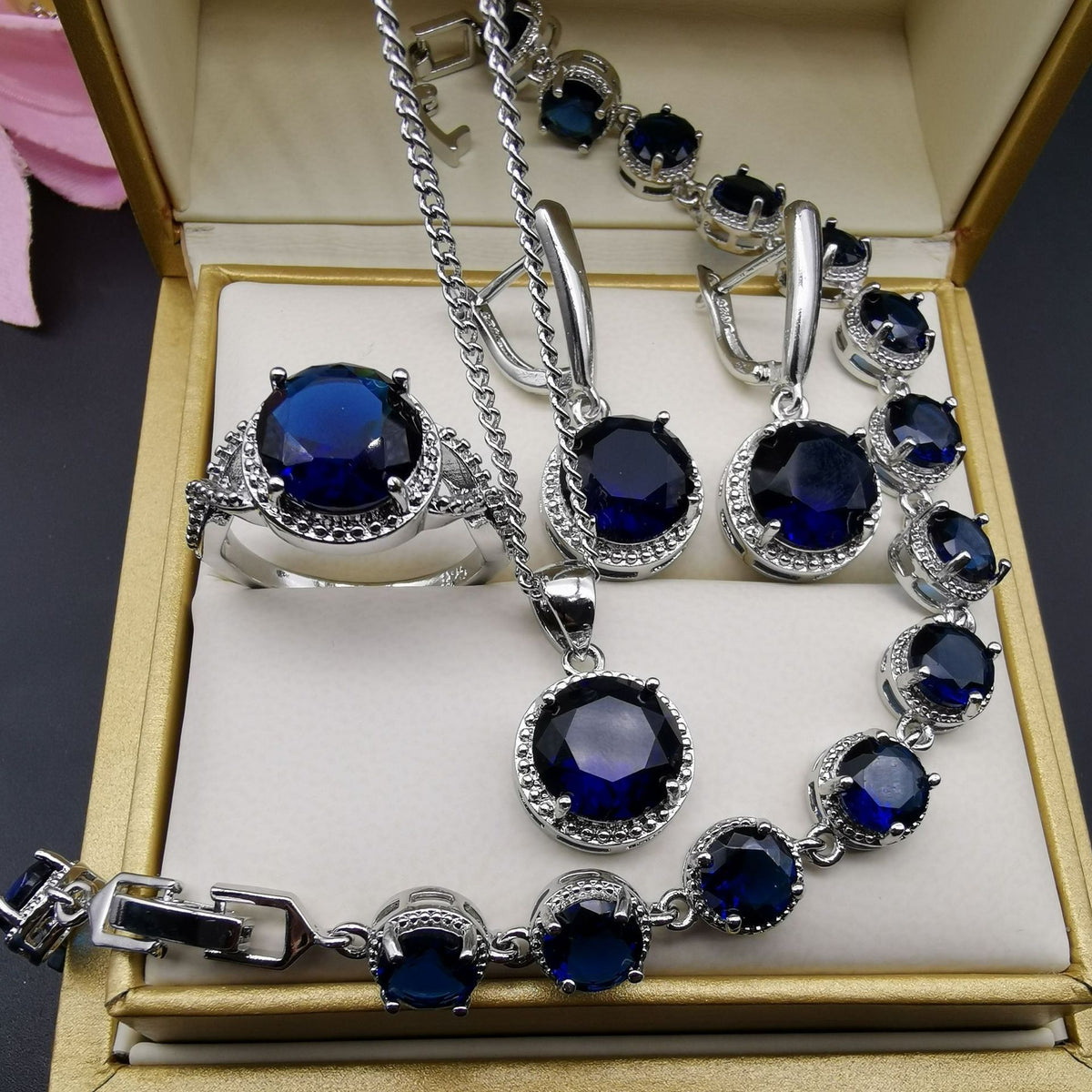 Round-Stone 4-Piece Jewelry Set for Weddings and Parties