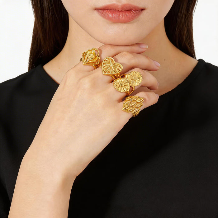 Hollow Flower Open Ring for Women, Irregular Heart-Shaped Band, Five Styles — Adjustable Statement Ring
