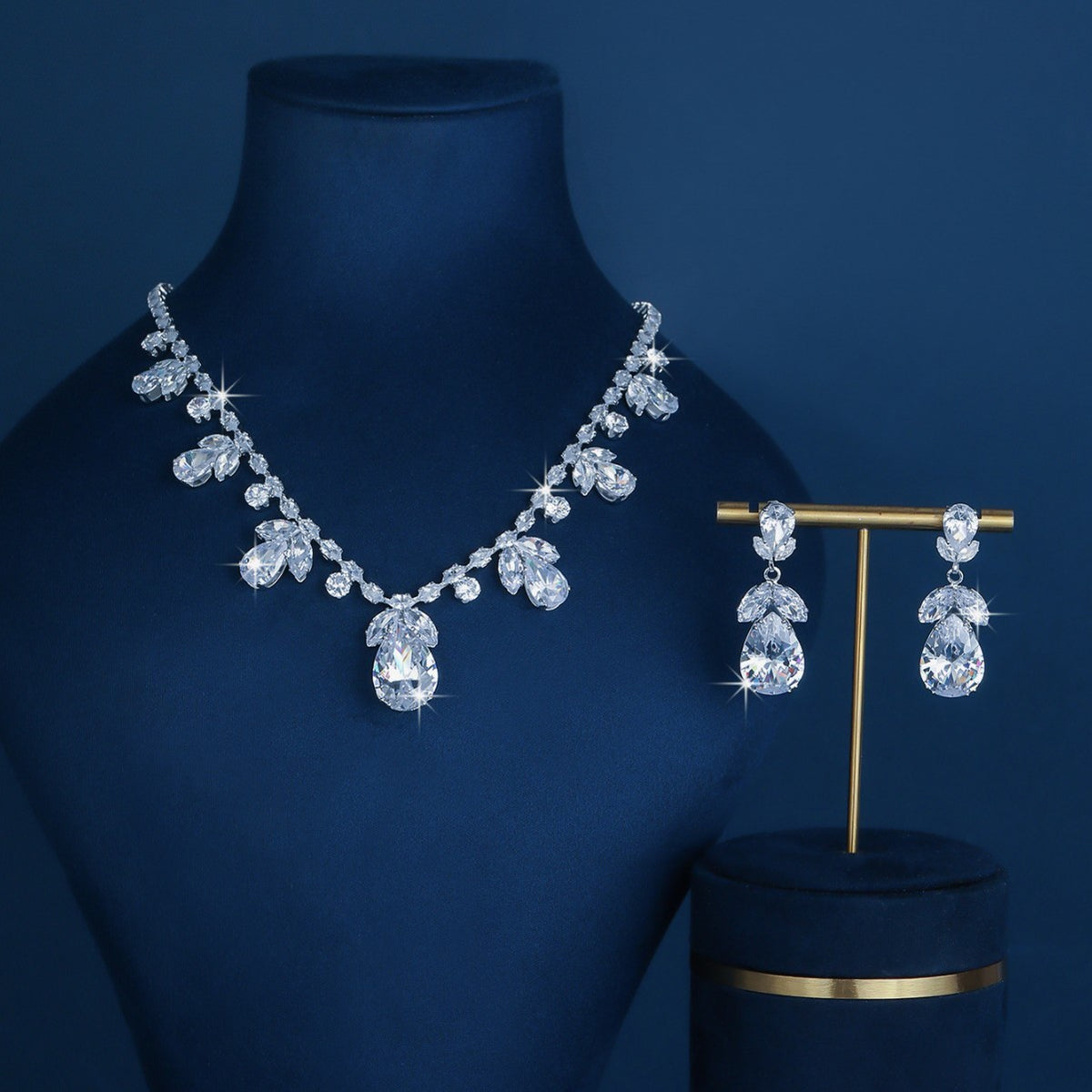 Pink Cubic Zirconia Leaf Jewelry Set, Gold-Plated Teardrop Necklace and Drop Earrings — full product view