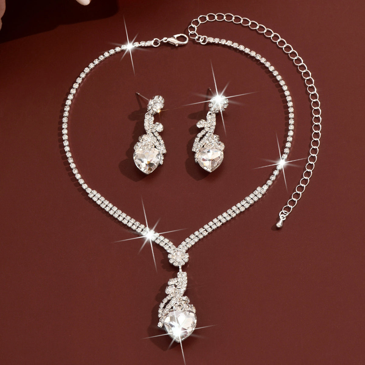 Claw Chain Teardrop and Heart Necklace and Earrings Set of 2 in Royal Blue, Red, Black or White